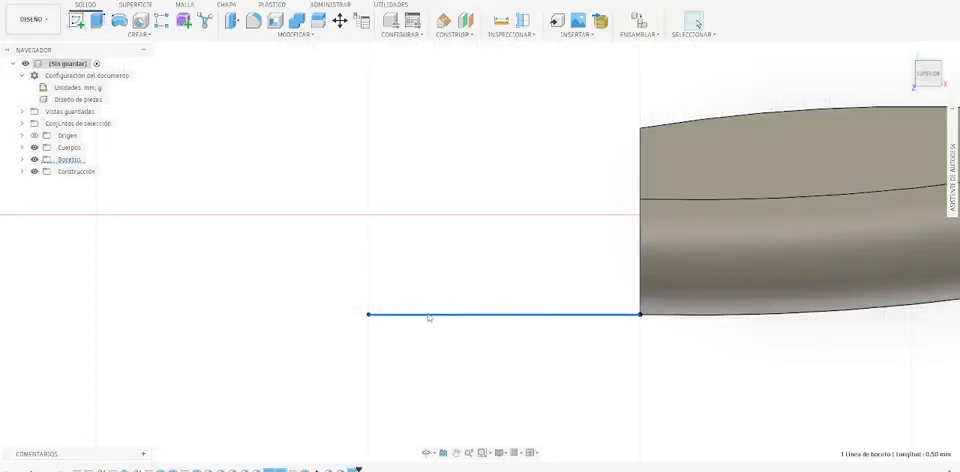 Modelado de una pieza en Fusion 360 durante el proceso de diseño